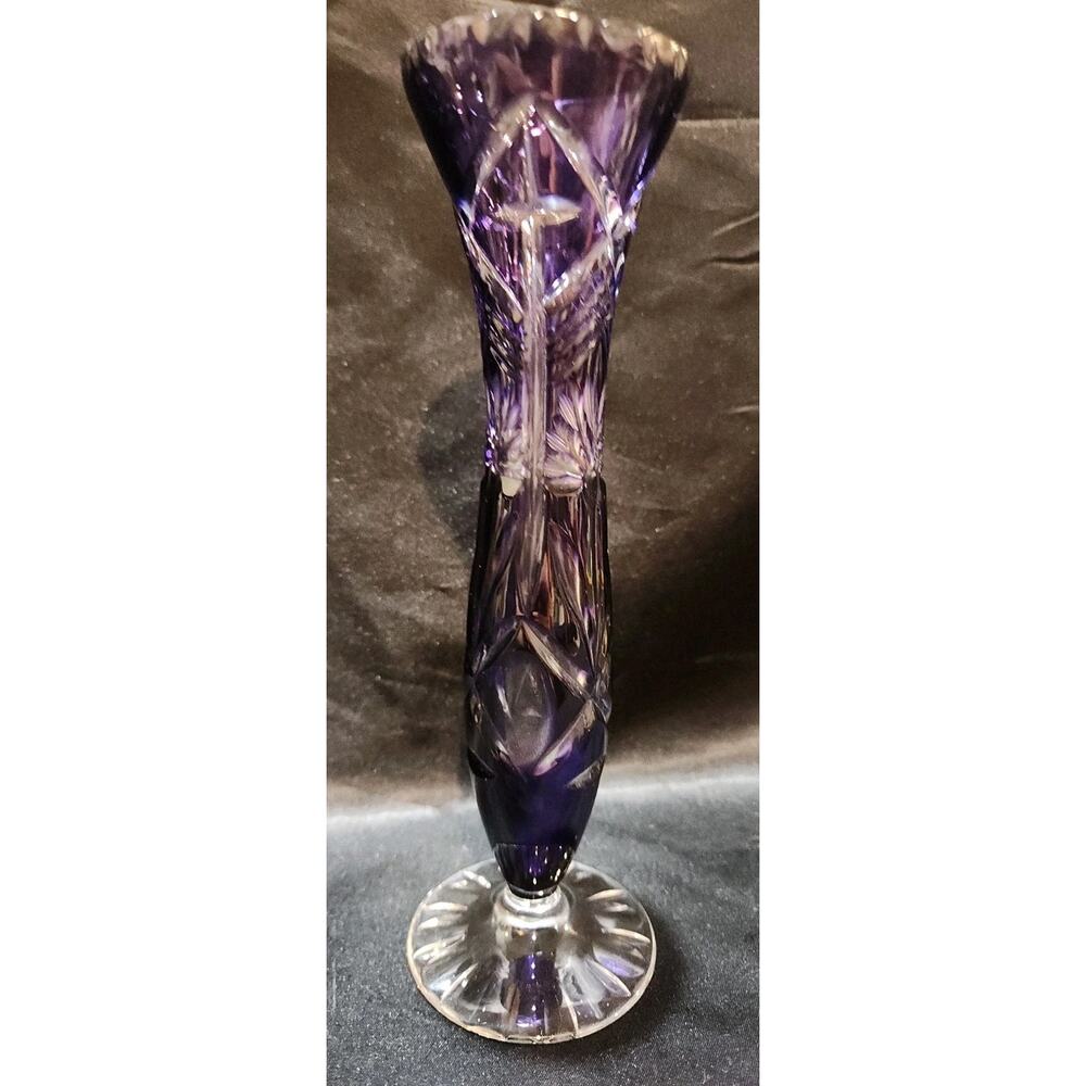 Vntg Purple Cut to Clear Czech Glass Vase M, Tall And Thin - 8.5"